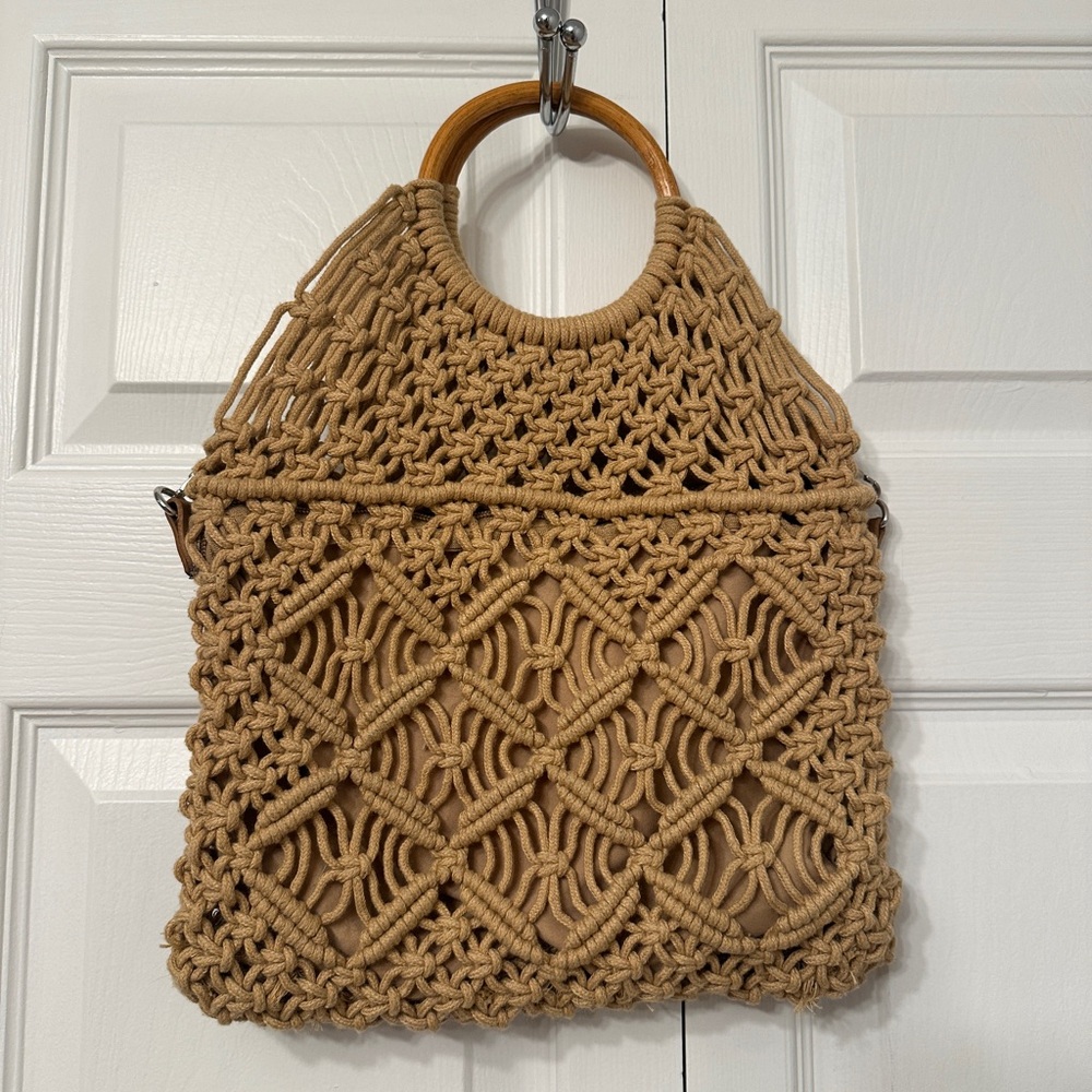 Woven Wooden Handle Crossbody Handbag